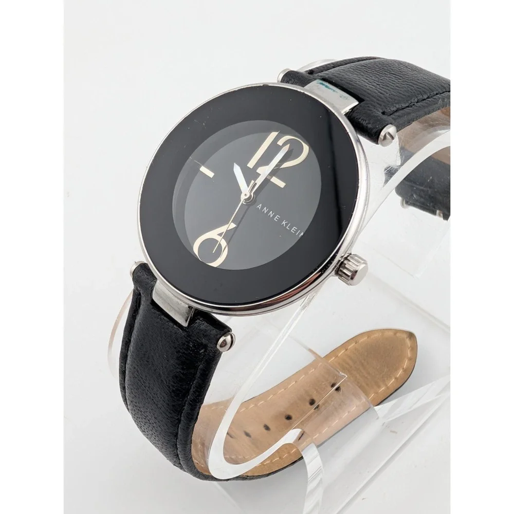 Anne Klein Watch Women 34mm Silver Case Black Leather Band AK/1065 New Battery